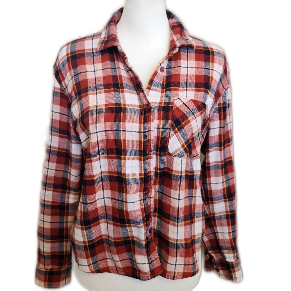 No Comment Cotton/Rayon Rust Navy Blue White Plaid Flannel Shirt, M